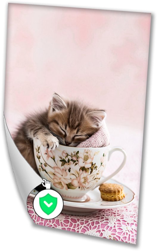 Slapende kat in theekopje - Kat poster - Poster theekopje - Realistische kunst - Poster retro - Decoratie kamer - poster 70x100 cm