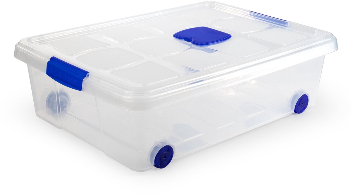 Plasticforte Opslagbox - 1x stuks - met deksel - 31L - 62 x 45 x 18 cm - transparant - opbergbak - met wielen