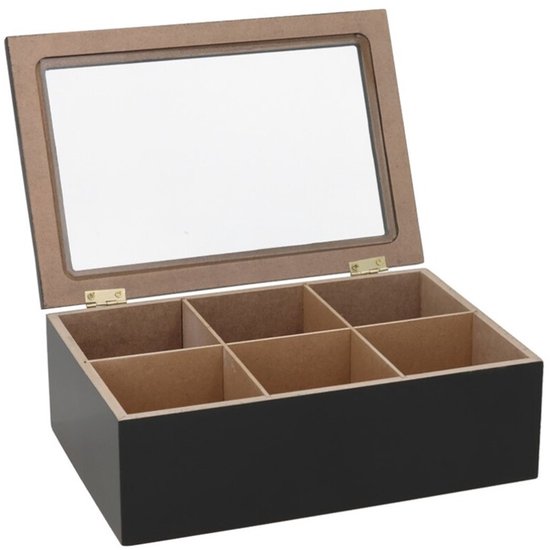 Boîte à thé Gerimport - Noire - 6 compartiments - Bois - 16 x 24 x 8 - Avec couvercle - Boîte à thé