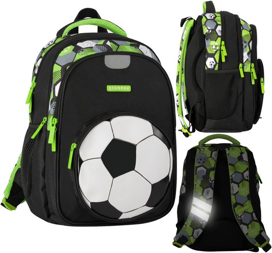 Sac à dos d'école Zwart et vert renforcé pour garçon avec réflecteurs avec trois compartiments, football 40x29x20cm, 23 l