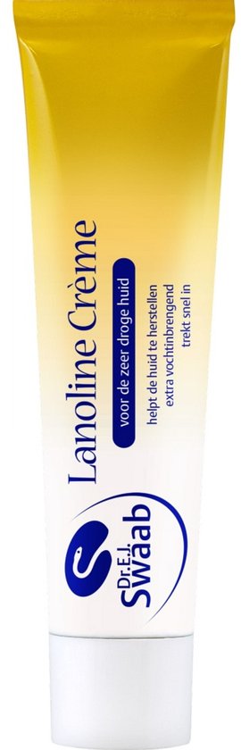 Crème tube 'Dr. E.J. Swaab Lanoline Crème' met gele en witte opdruk, voor de zeer droge huid, helpt herstellen, extra vochtinbrengend, trekt snel in.