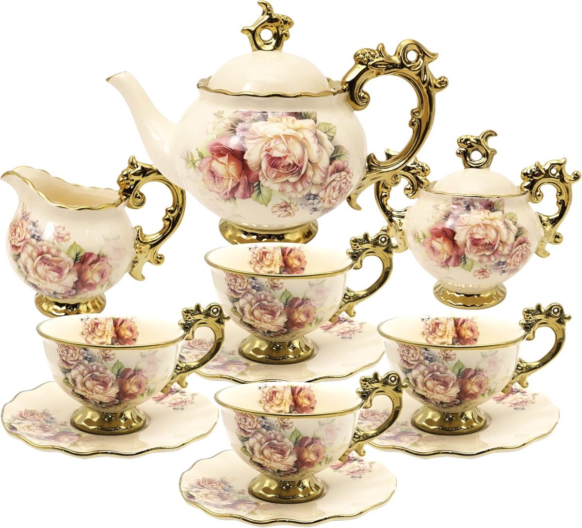 15-delige Porseleinen Theeset - Britse Vintage Theeservies met Theepot, Suikerpot, Melkkan & 6 Koffiekopjes met Schotels - Gouden Afwerking - Bloemenpatroon - Perfect voor Bruiloften en andere Feesten - Luxe Serviesgoed