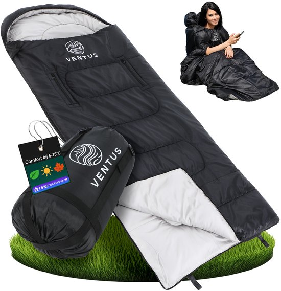 Ventus Sac de Couchage – 220 x 83 cm – Zone de Confort 5 à 15 °C – Avec Sac de Compression – Adulte et Enfant – Sleeping Bag – Slaapzak – Léger – Jumelable 1 ou 2 Personnes – Idéal pour le Camping – Noir