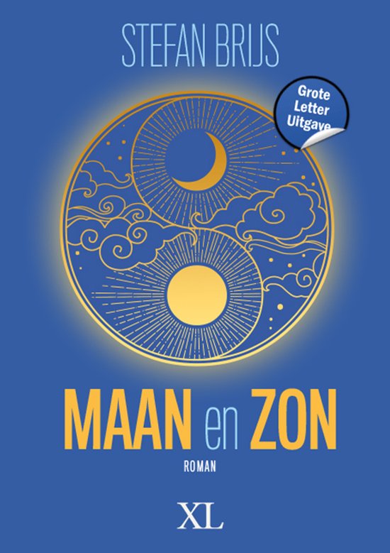 Boek "Maan en Zon" met een gouden yin-yang symbool van zon en maan op een blauwe achtergrond. "Grote Letter Uitgave" staat in een cirkel.