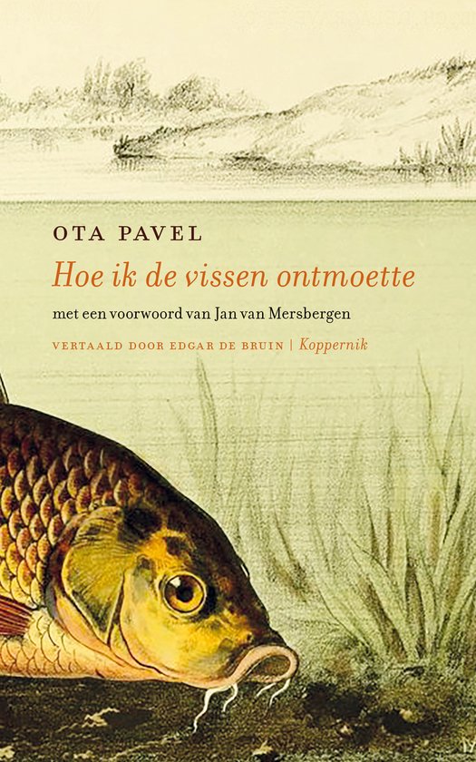 Boek met de titel 'Hoe ik de vissen ontmoette' door Ota Pavel. Een illustratie van de kop van een vis.