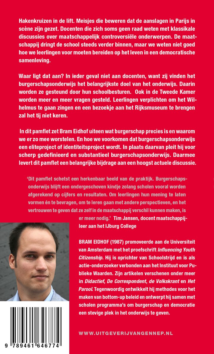 Achterkant boek met portret van een man, tekst en ISBN-nummer.