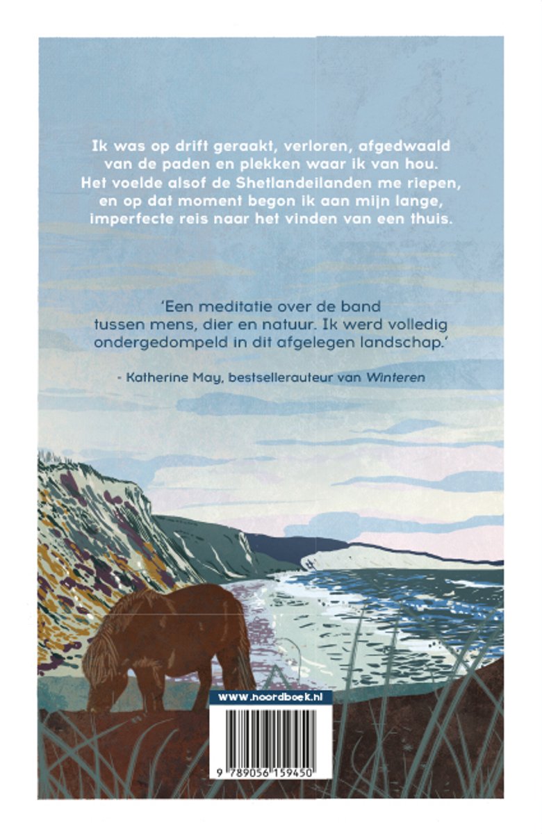 Achterkant boek met citaat en een illustratie van een Shetlandeiland met klif, zee en een pony.