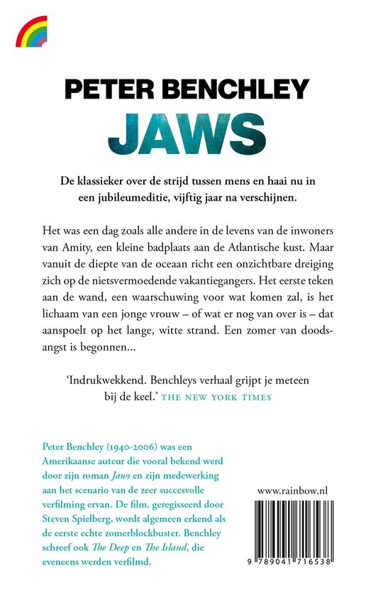 Boekcover van Jaws van Peter Benchley met de titel in grote letters. Een regenboog aan de linkerbovenhoek.