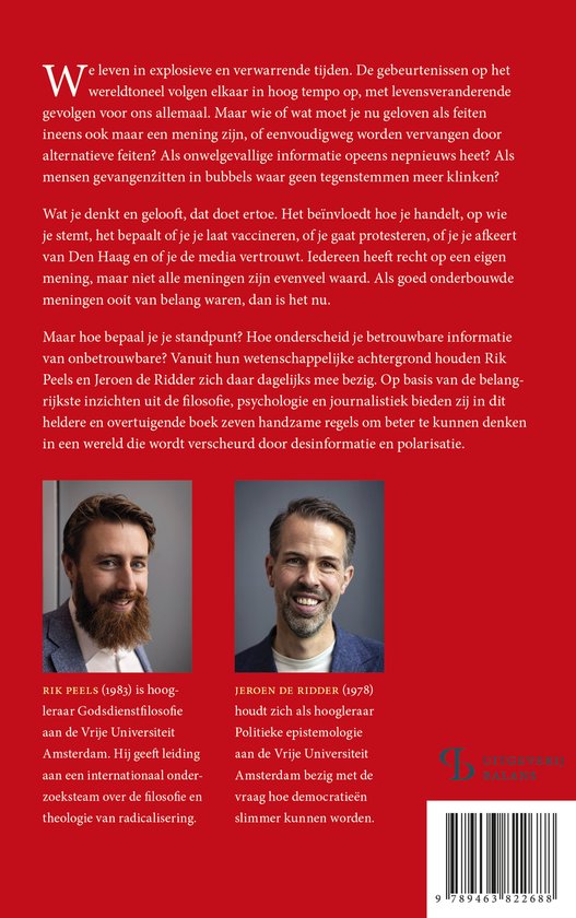Achterkant van het boek met portretten van de auteurs Rik Peels en Jeroen de Ridder.