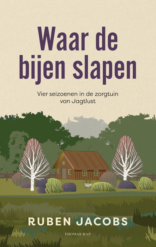 Boekomslag 'Waar de bijen slapen' met illustratie van een huisje en bomen in een tuin.