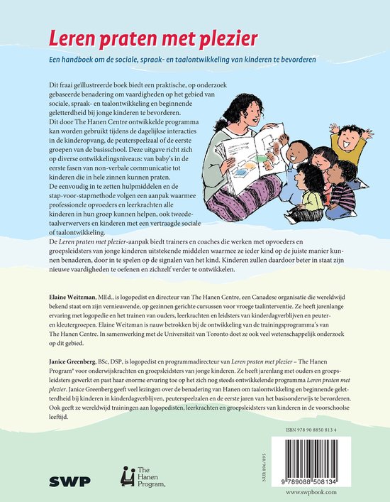 Boek met de titel 'Leren praten met plezier' over het bevorderen van de sociale, spraak- en taalontwikkeling van kinderen. Illustratie van een vrouw die een boek voorleest aan een groepje kinderen.