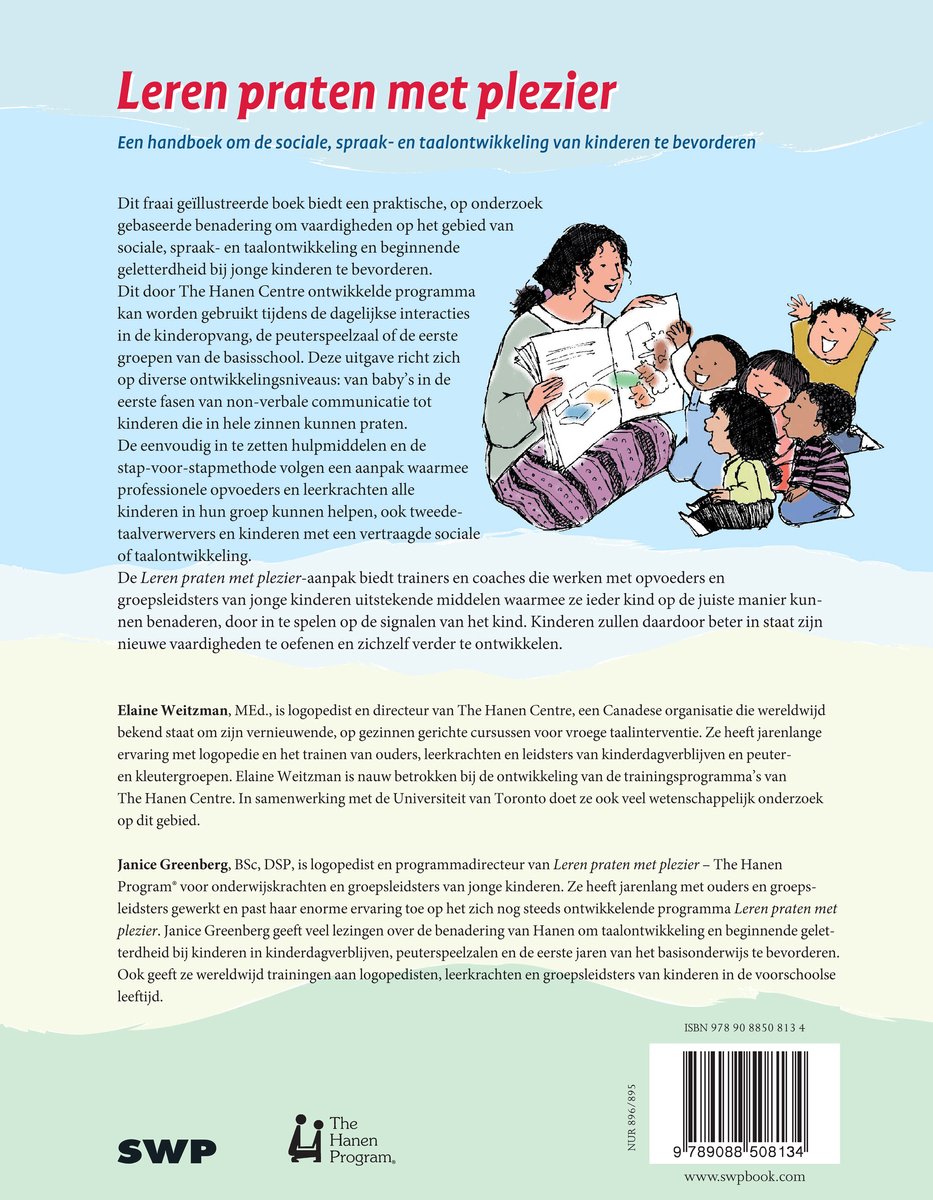 Boek met de titel 'Leren praten met plezier' over het bevorderen van de sociale, spraak- en taalontwikkeling van kinderen. Illustratie van een vrouw die een boek voorleest aan een groepje kinderen.