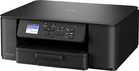 Zwarte Brother DCP-J1310W multifunctionele printer, schuin van voren, met display en papierlade.