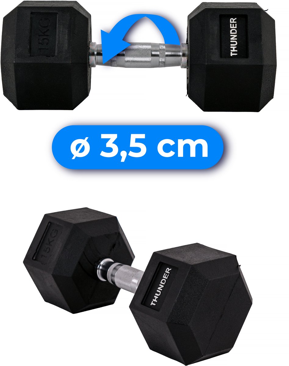 THUNDER® HEXAGONAL-DUMBBELLS-15KG Zwarte Rubberen Halter Stalen Kern Voor Krachttraining & Fitness Antislip Duurzaam & Professioneel Per Stuk - Stevige Grip – foto 5