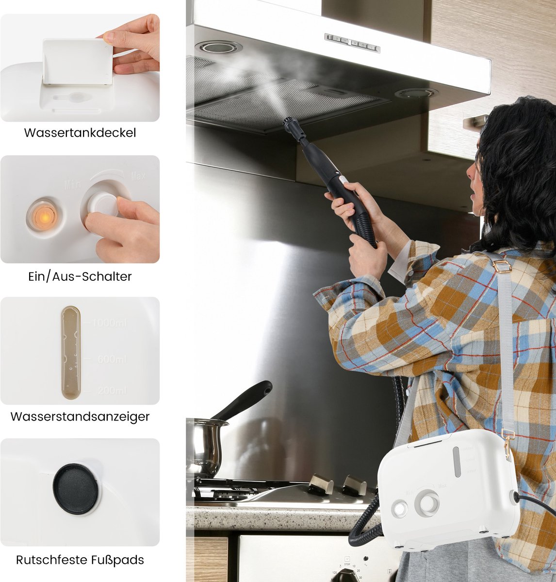 COSTWAY Stoomreiniger 1600 W, stoomdruk: 3 bar, opwarmtijd: 15s, temperatuur: tot 180℃, tank: 1000 ml, handheld stoomreiniger met 9 accessoires en riem (wit)