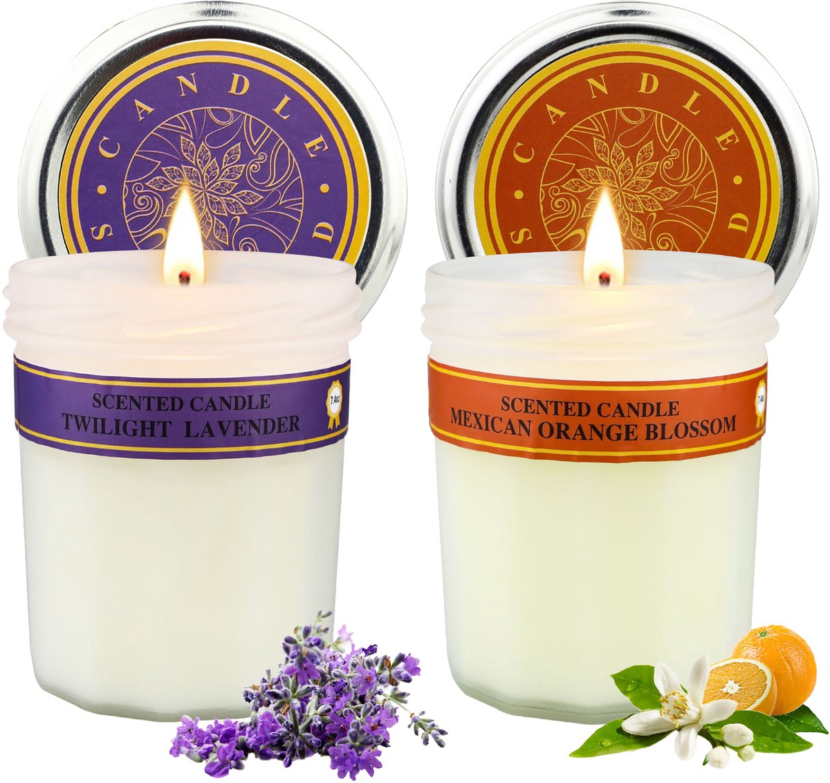 NAIZY Geurkaars Gift Set 210g 2pcs Sticker Glazen, Geurkaars Decoratie Set voor slaapkamer, woonkamer (C, Lavendel + Oranjebloesem)