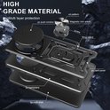 Exploded view van een zwarte pantser telefoonhoes, met focus op de lagen en onderdelen zoals ringstandaard.