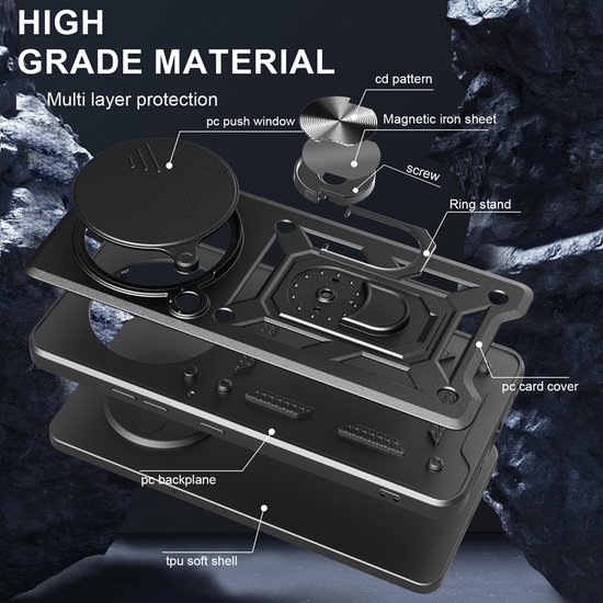 Exploded view van een zwarte pantser telefoonhoes, met focus op de lagen en onderdelen zoals ringstandaard.