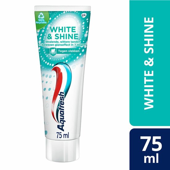 Aquafresh White & Shine tandpasta in witte tube met blauwe, rode en witte strepen. '75 ml' staat op de tube en naast de tube. Verticaal staat 'WHITE & SHINE'.