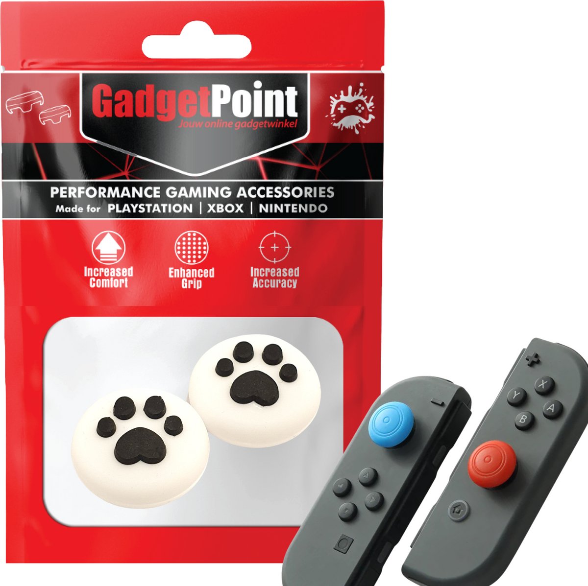 Gadgetpoint | Gaming Thumb Grips | Performance Thumbsticks | Accessoires geschikt voor Nintendo Switch Joy-Con Controller(s) | Thumbgrips | Pootjes - Wit met Zwart