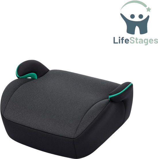 LifeStages - Zitverhoger - Stoelverhoger Auto - 6-12 Jaar, 128-150cm - Kinderautostoel - Compact & Lichtgewicht - Eenvoudige Installatie met Riem - Volledig Gewatteerd en Zacht - Getint Zwart