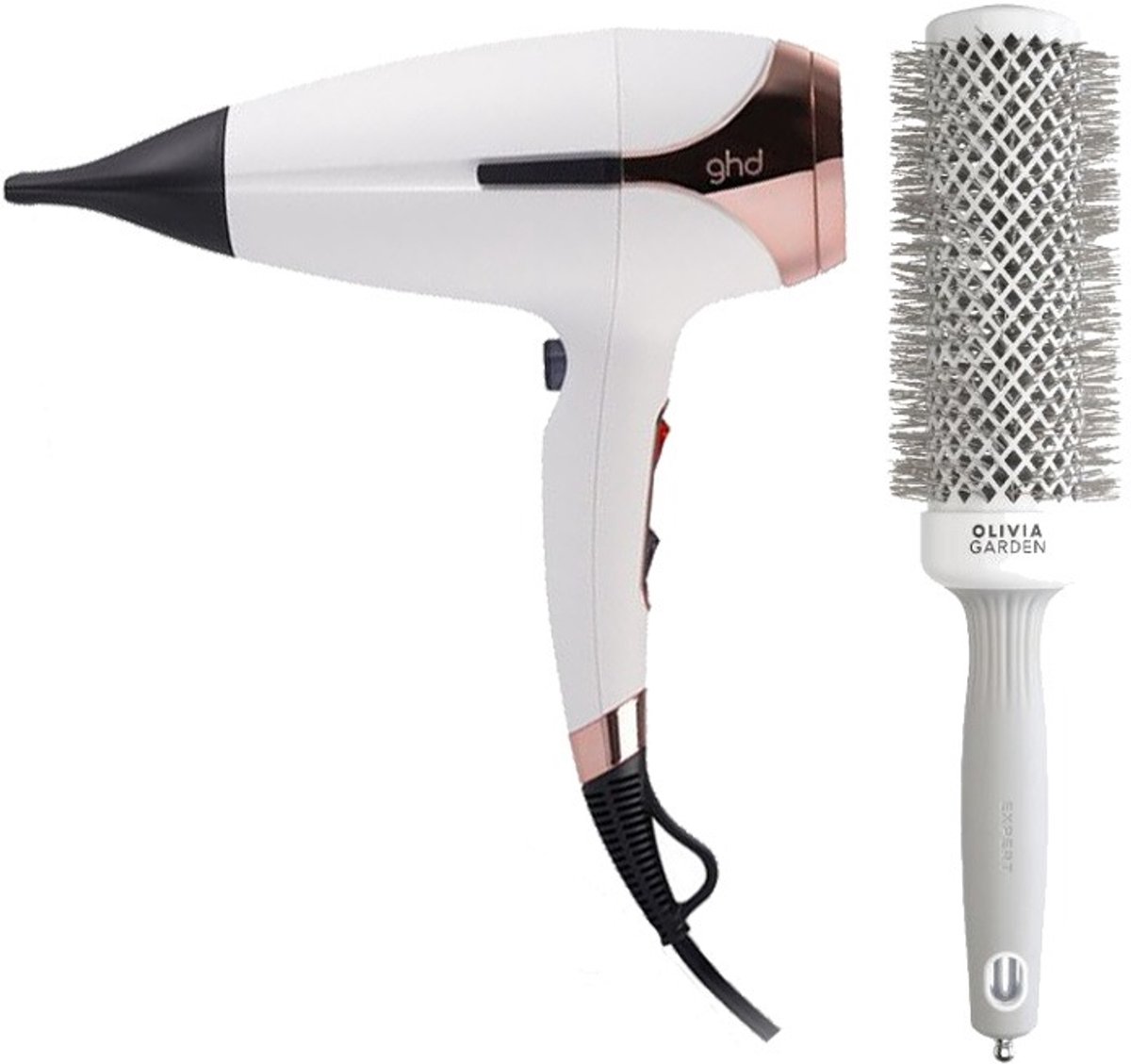 ghd Helios Föhn White + Olivia Garden Expert Blowout Speed Wavy White/Grey 45mm