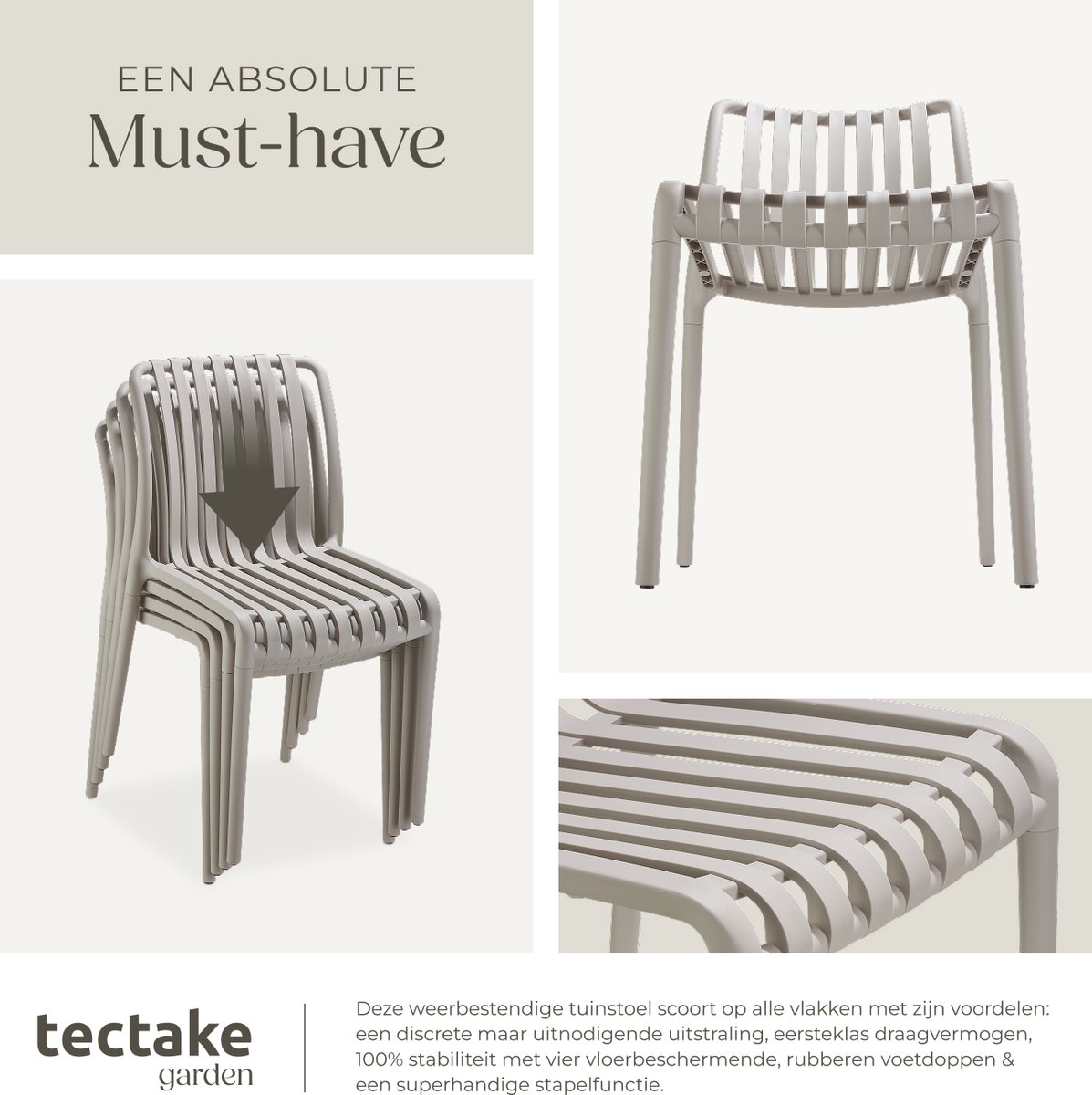 tectake® Set van 4 Tuinstoelen Alcudia - Taupe - Kunststof Stoelen- Stapelbaar - Stoelen voor Tuin, Terras of Balkon - Weerbestendig en UV-bestendig - Draagkracht 120kg per Tuinstoel – foto 3