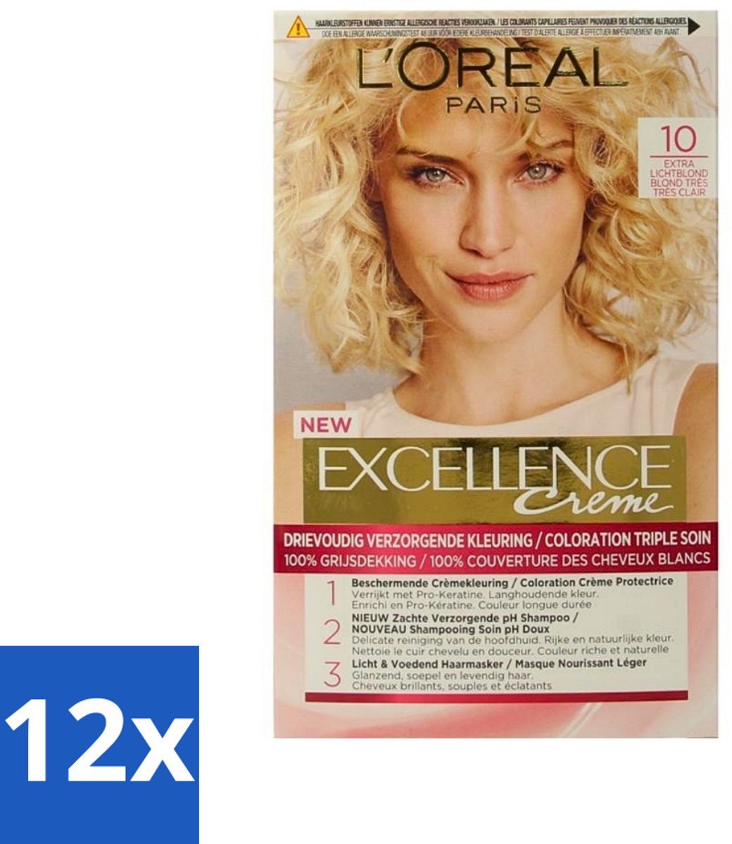 L'Oréal Excellence Crème Permanente Crèmekleuring 10 Extra Lichtblond - Voordeelverpakking - 12 stuks