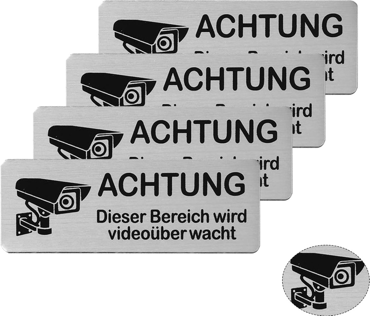 Videobewakingsstickers - 4 Stuks, 8,5 x 3 cm, Aluminium Waarschuwingsborden voor Inbraakbeveiliging en Camerabewaking