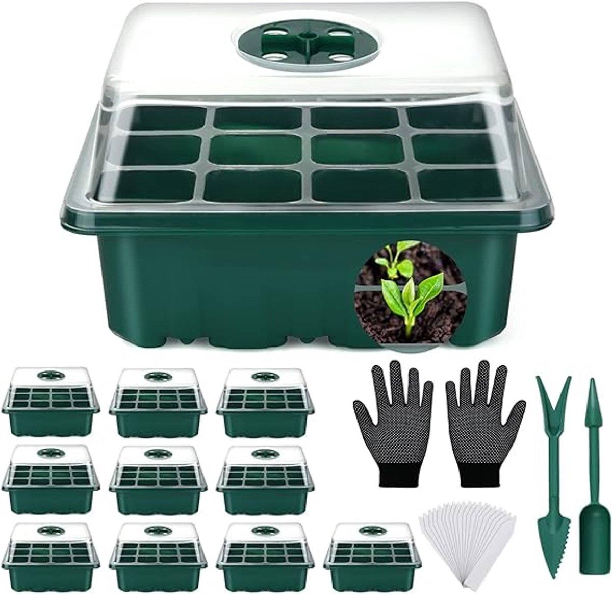 Famanu Zaadstarterbakken, 11 stuks zaadstarterbak, kweekbakken, 12 cellen, plastic kweekbakken met deksels, binnenkweekpotten, kwekerijpot voor het kweken van kiemplanten