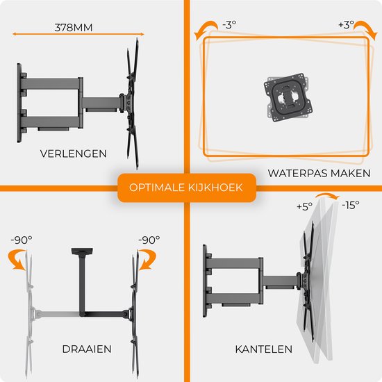 Douxe® DTS-01 - TV Beugel - Muurbeugel TV voor 17 t/m 65 Inch - Full Motion Draai- en Kantelbaar - voor TV's tot 35 KG