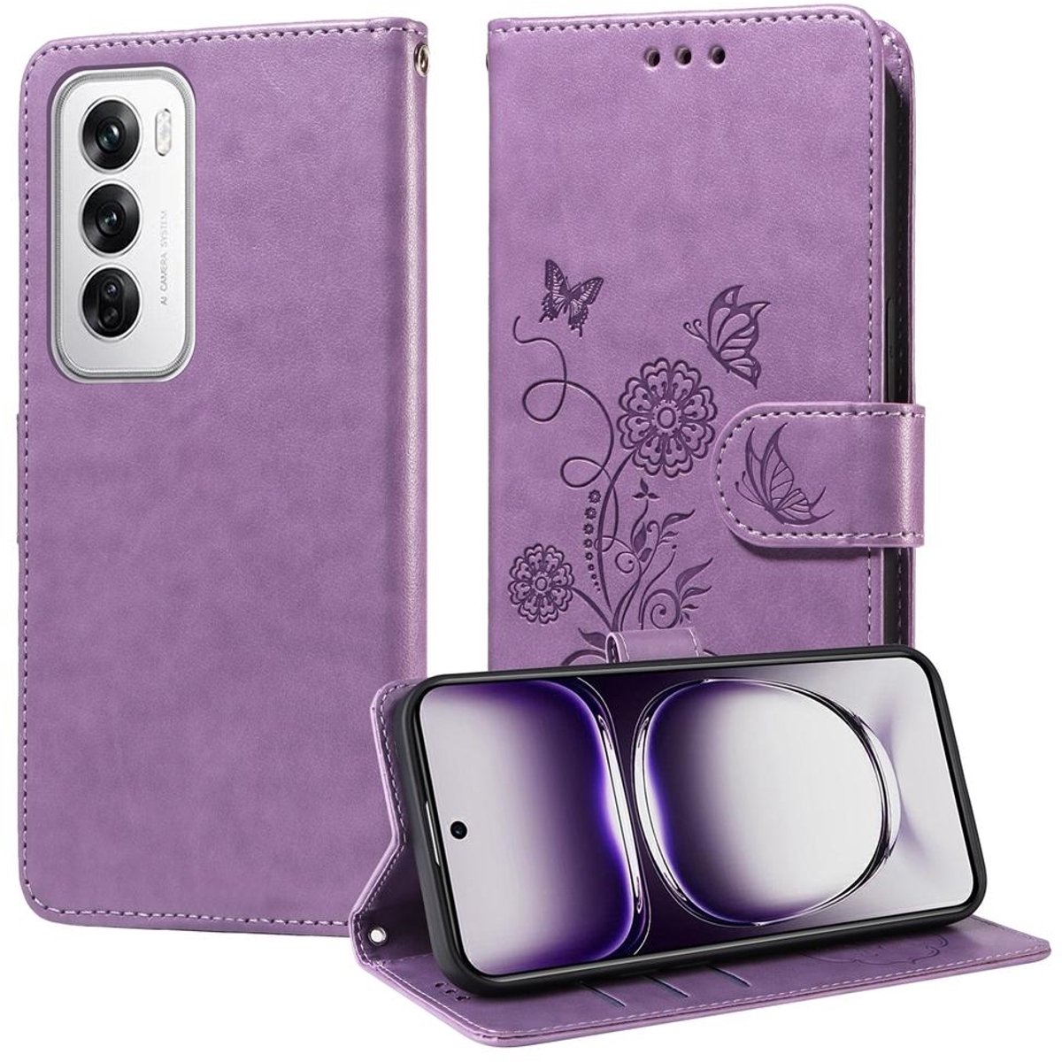 Mobigear Telefoonhoesje geschikt voor OPPO Reno 12 Pro Hoesje | Mobigear Flowers Bookcase Portemonnee | Pasjeshouder voor 3 Pasjes | Telefoonhoesje voor Pinpas / OV Kaart / Rijbewijs - Paars