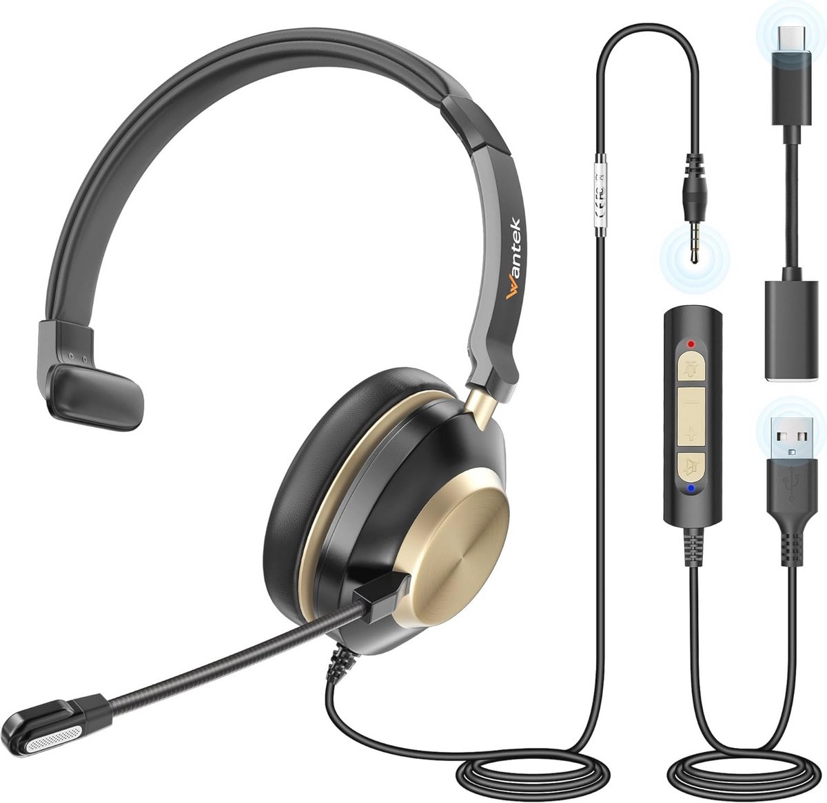Mono Headset met Microfoon Noise Cancelling en USB-A 3,5 mm Adapter voor Online Conferenties en Gaming