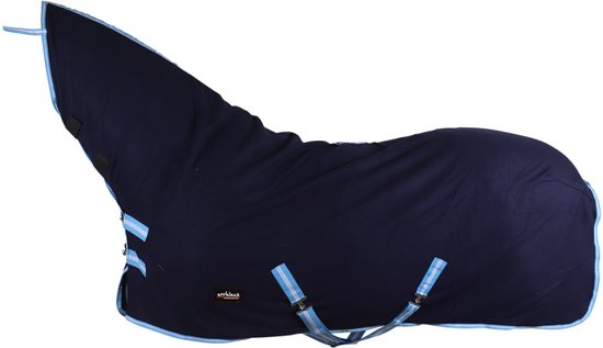 Donkerblauwe Epplejeck paardendeken met full neck, lichtblauwe en witte bies.