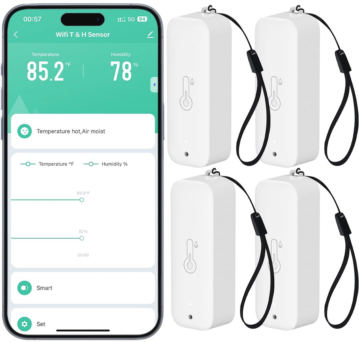 Draadloze Wifi Hygrometer en Thermometersensor voor Binnen en Buiten - 4 Stuks - Temperatuur- en Vochtigheidssensor met Alarm
