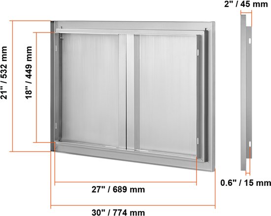 Afmetingen van een RVS dubbele BBQ toegangsdeur. Deurbreedte 774 mm, deurhoogte 532 mm, inbouwmaat 689x449 mm.