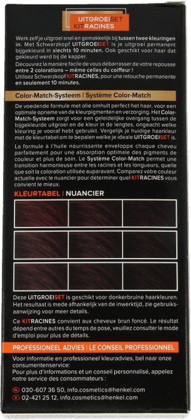 Schwarzkopf uitgroeiset voor bruin haar, kleur R4. Bevat kleurend en verzorgend materiaal.