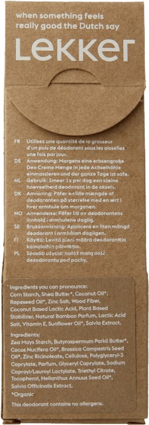 Achterkant kartonnen verpakking met ingrediëntenlijst en meertalige instructies.