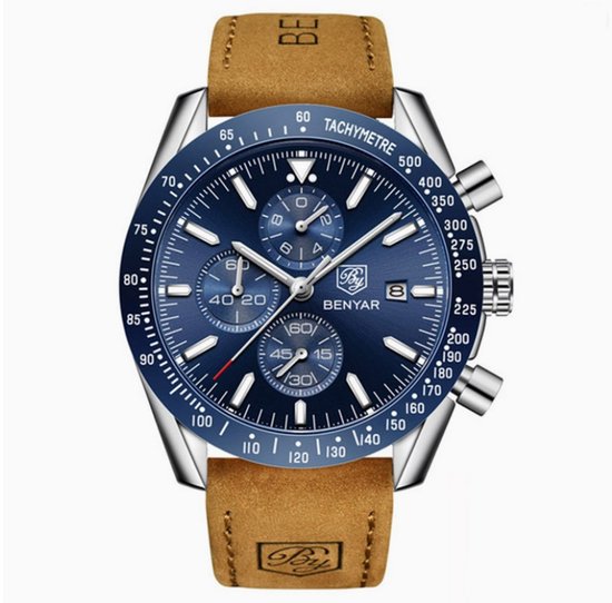 Horloge Heren – Chronograaf – Leren Band – Roestvrij Staal – Blauw