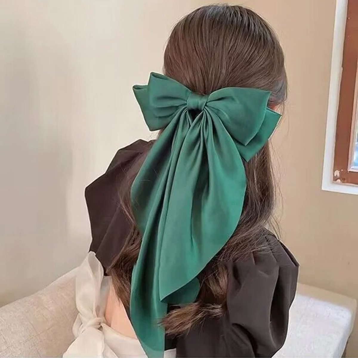Premium Zijden Haarlint - 100% Moerbeizijde Haarstrik - Zijden Lint Haarspeld - Premium Silk Hair Ribbon Clip - Donker Groen