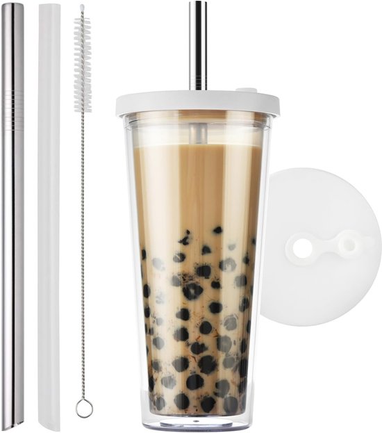 ALINK Bubble Tea Cup, drinkbeker met deksel en rietje, lekvrij, doorzichtige plastic bubble tea tumbler, dubbelwandig geïsoleerde smoothie tumbler, 680 ml