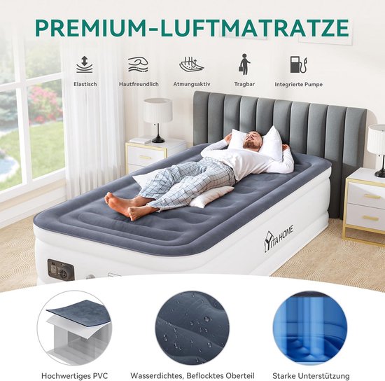 Zelfopblazend luchtbed met geïntegreerde elektrische pomp - Opblaasbaar matras voor logeerkamer camping wit/blauwgrijs met opbergtas en reparatiepleisters — afbeelding 5