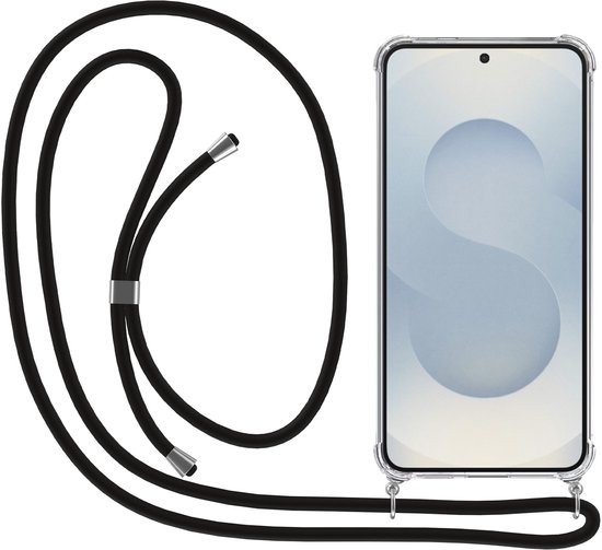 Zwart telefoonkoord met zilveren accenten, bevestigd aan een transparante telefoonhoes met een telefoon erin.