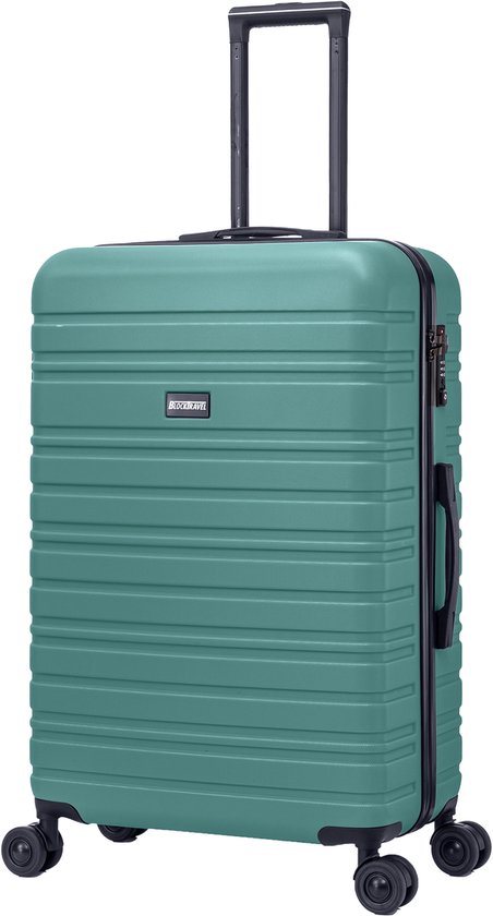 Turquoise BlockTravel koffer met handvat, rits, TSA-slot en vier wielen.