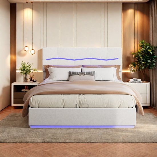 Arhatreya Gestoffeerd bed, 140 x 200 cm, kinderbed met led, tweepersoonsbed met glijbaan en ladder, bedframe met lattenbodem, cartoonbed voor kinderen en jongeren (zonder matras), roze wit PU