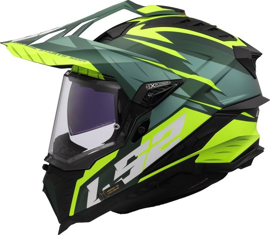 Casque de moto LS2 Explorer vert avec accents jaunes, visière et becquet. Vue de trois quarts avant.