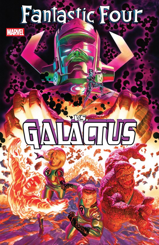 De Fantastic Four vechten tegen Galactus, met de Human Torch in vlammen en The Thing in steen.