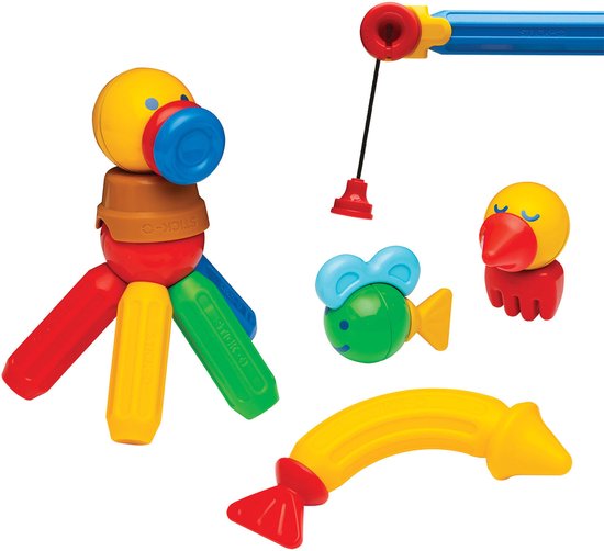 Magnetisch constructiespeelgoed: een gekleurde vogel, vis, octopus en hengel.