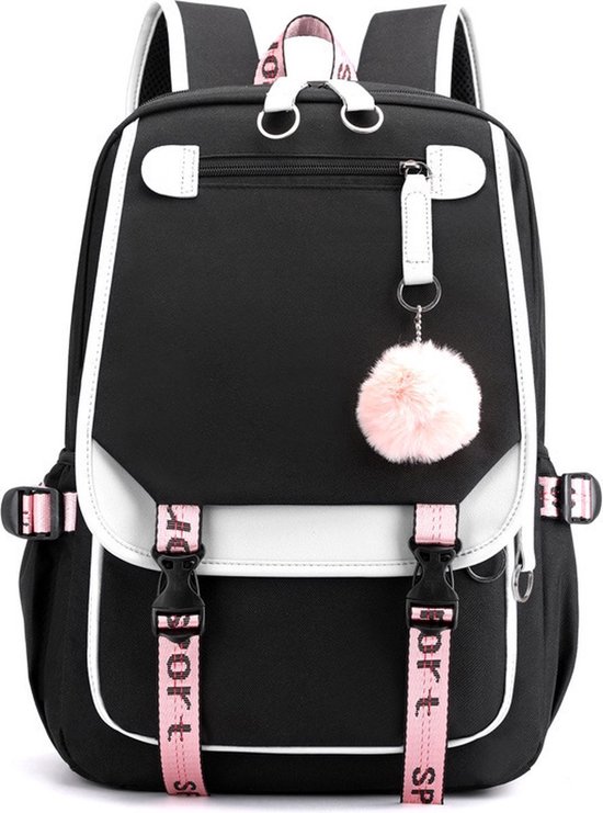 FANDARE Schoolrugzak voor Meisjes en Jongens Met USB-Oplaadpoort - Ergonomische Dagrugzak voor Tieners, Dames, Universiteit, Reizen en Vrije Tijd - Met Haarbalhanger, Roze, Large