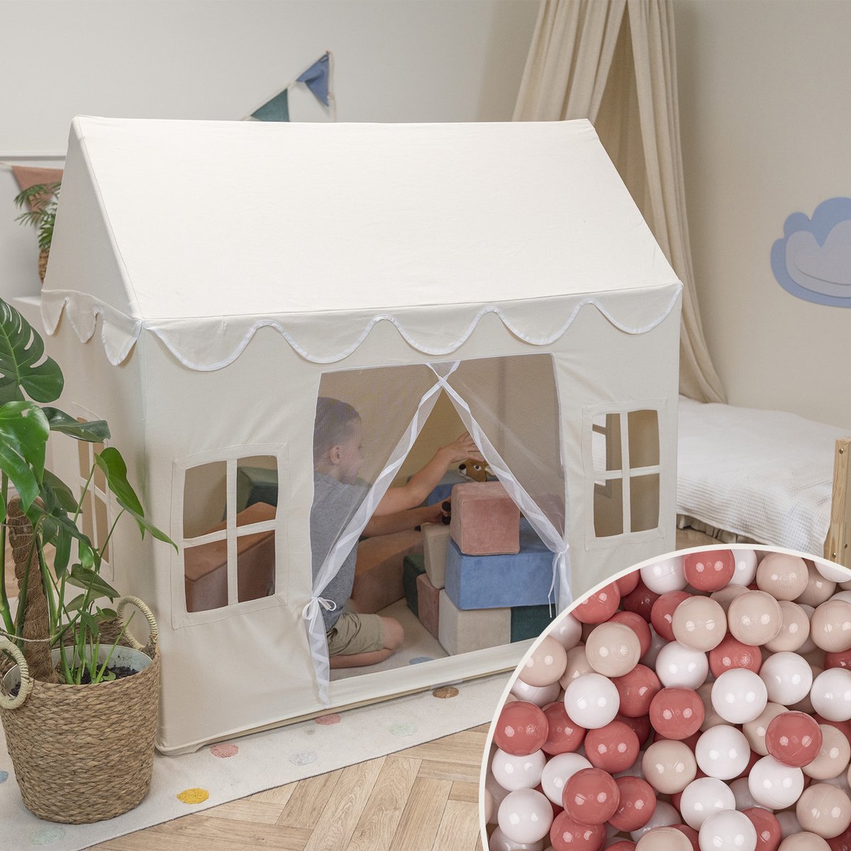 KiddyMoon Speelhuis Kindertent Met 300 Ballen Voor Kinderen Kinderhuis Opvouwbaar Ontwerp KiddyMoon Speeltent Indoor Creativiteit Kindertent Voor Binnen En Buiten Kinderkamer, Natuurlijke Kleur:Pastel Beige/Salmon/Wit